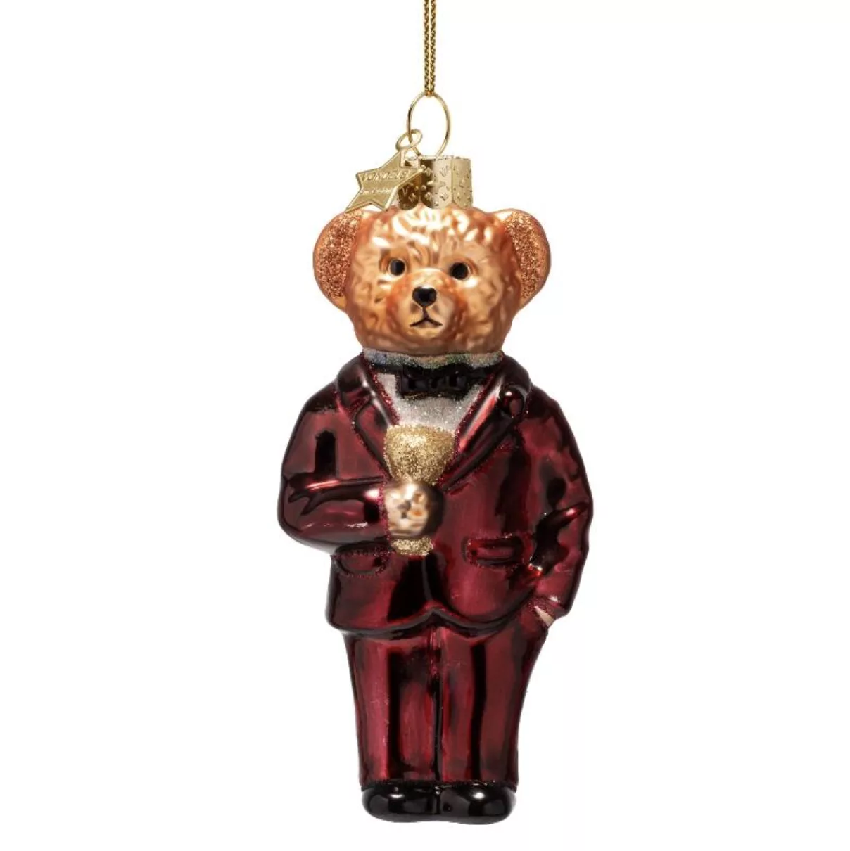 Ornament glass burgundy bear in clothes – Image 1